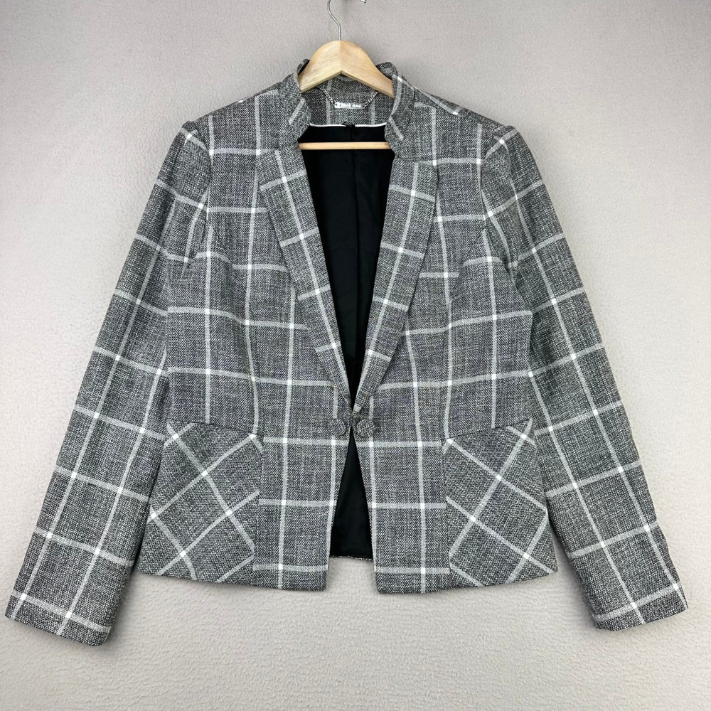 White House Black Market Plaid Blazer Women 12 Gray Peplum Professional Workwear
